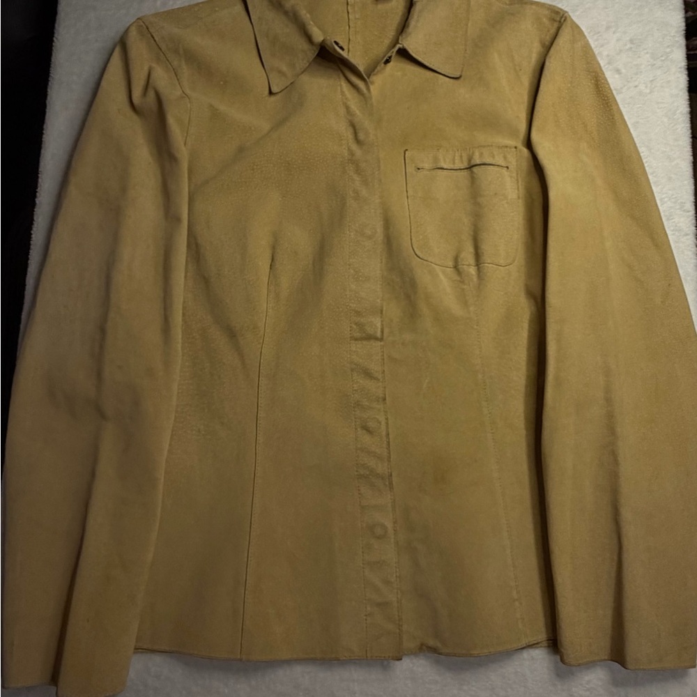 Caslon Genuine Leather Shirt Jacket Small Tan Snap Front Long Sleeve Top